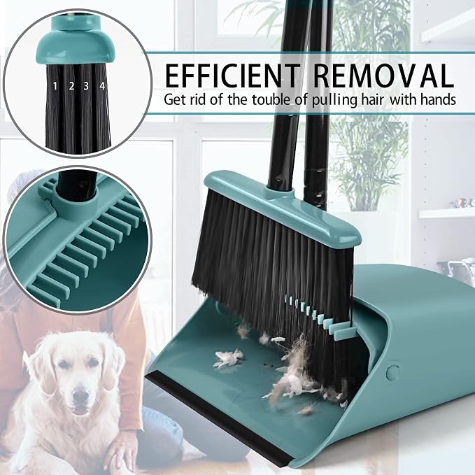 JEHONN Broom with Dustpan Combo Set, Long Handle Lightweight Indoor Broom Set, Upright Standing Dust Pan with Comb Teeth Store Sweep Set for Home Room Kitchen Office Lobby (Grey-Green)