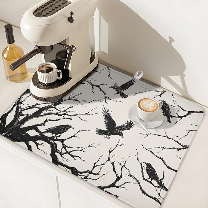 Halloween Crows Dish Drying Mat for Kitchen Counter Vintage Spooky Black Tree Branches Raven Pattern Microfiber Dish Drainer Mat Rustic Absorbent Washable Drying Pad 18"x24"
