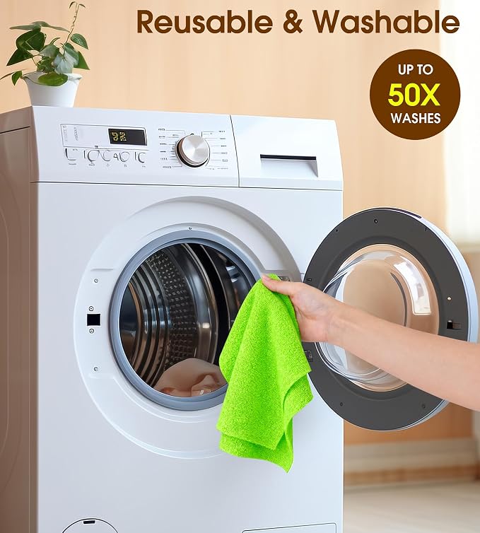 KitchLife Microfiber Cleaning Cloth Roll, 100 Pack - Tear-Away Microfiber Paper Towels, Lint-Free, Reusable, Washable for Kitchen, Car, Dishes, and Sensitive Surfaces (Neon Green)