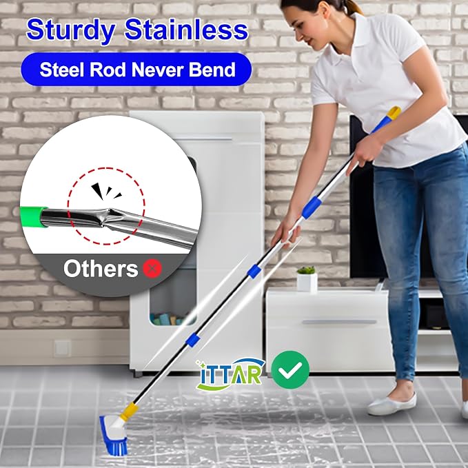 ITTAR 55" Extendable Floor Scrub Brush, 12" Wide Heavy-Duty 2-in-1 Scrub & Squeegee Deck Brush for Tile Grout Shower Floor, Kitchen, Restaurant, Patio & Garage Cleaning