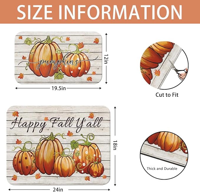 Fall Dish Drying Mat 2-Pack Happy Fall Y'all for Kitchen Counter Dishes | Diatom Mud Mats (18x24, 19.5x12"). Non-slip rubber back for kitchen counter, coffee bar & sink scenes