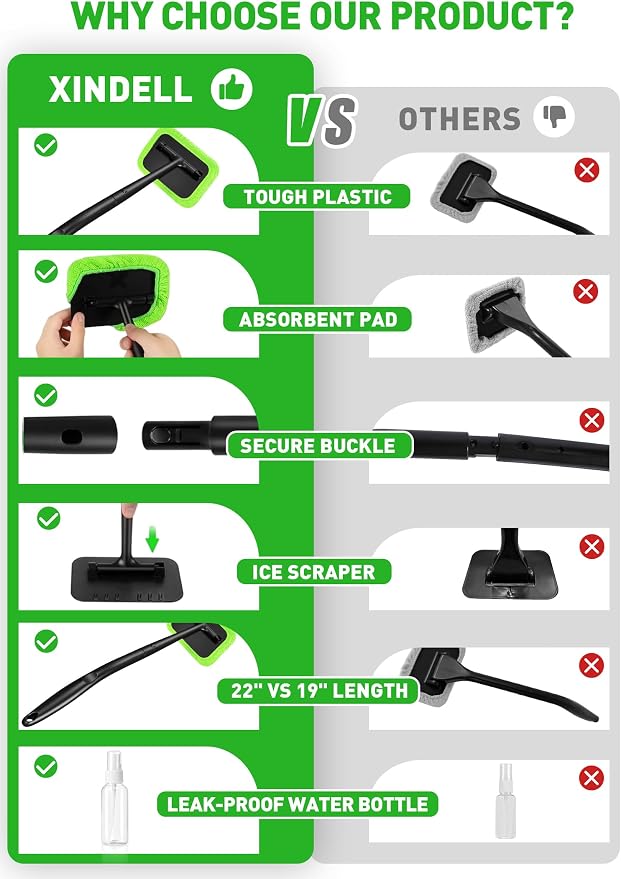 XINDELL Interior Windshield Cleaning Tool, Driver-Control Car Window Cleaner with Ergonomic 22" Handle & Microfiber Pads, No Streak Auto Glass Cleaner for Hard to Reach Inside Windshield