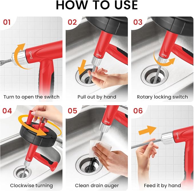 XJX Drain Auger, Plumbing Snake with Drill Adapter, 25FT Flexible Steel Drain Clog Remover, Manual or Powered for Kitchen, Bathroom & Shower Sink, with Gloves and Storage Bag Red