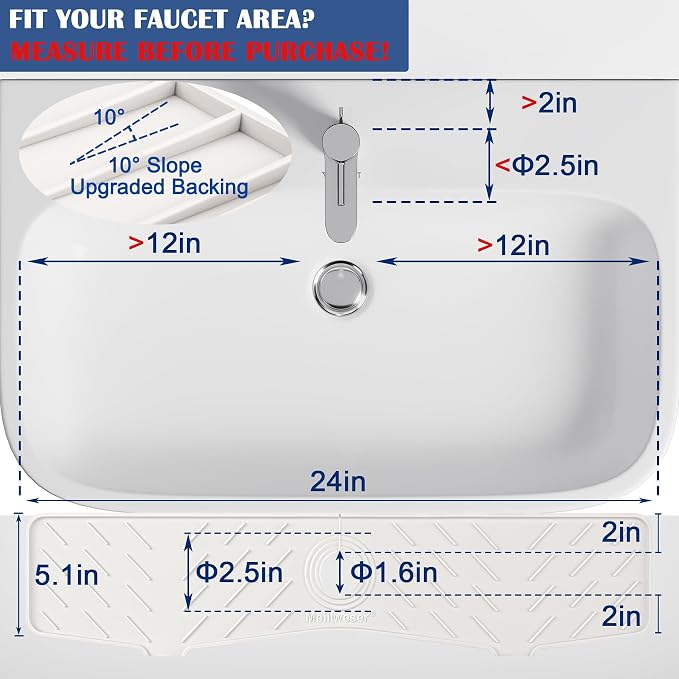 Faucet Mat for Kitchen Sink – 24” x 5.1” Extra-Long Silicone Splash Guard with 10° Slope & Upgraded Drainage – Gen 3 Sink Water Catcher & Sponge Holder for Kitchen, Bathroom (White)