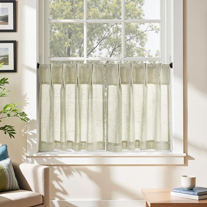 jinchan Linen Pinch Pleated Back Tab Tier Curtains, 26x24, 2 Panels, Beige | Light filtering,small window treatment,cafe curtains,machine washable,farmhouse,kitchen,bathrooms,laundry