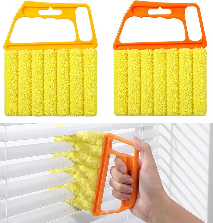 2 Pcs Blind Duster for Wood Blinds, 7-Finger Blind Cleaner Duster Tool | with Microfiber, Effortless Dusting for Tight Slats (Orange and Yellow)