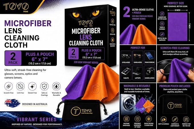 Microfiber Cleaning Cloth, 2 Pack + Velvet Pouch, 6"x7",230 GSM Thick Lens Cleaner for Glasses, Camera & Screens, Ultra Soft, Streak-Free, Lint-Free, Scratch-Safe- Vibrant Series