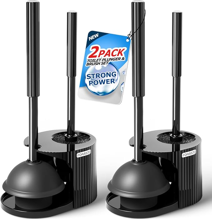 FORASTO 2Pack 2 in 1 Toilet Brush and Plunger Set, Extended Handle Plunger,Toilet Bowl Brush Plunger Set,Bathroom Cleaning Tools,Toilet Brush Plunger Combo,Cleaning Supplies，Black | 21" Extended, Apartment Must Haves, Accessories Decor, Essentials, New...