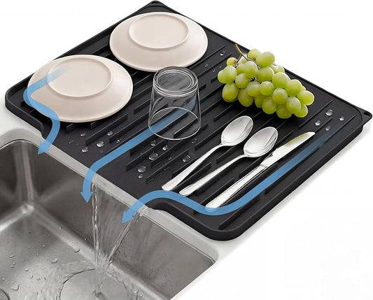 Foldable Silicone Dish Drying Mat for Kitchen Counter & Sink - Quick Dry, Space Saving, Non-Slip Pad for Small Apartments & Coffee Bar Black