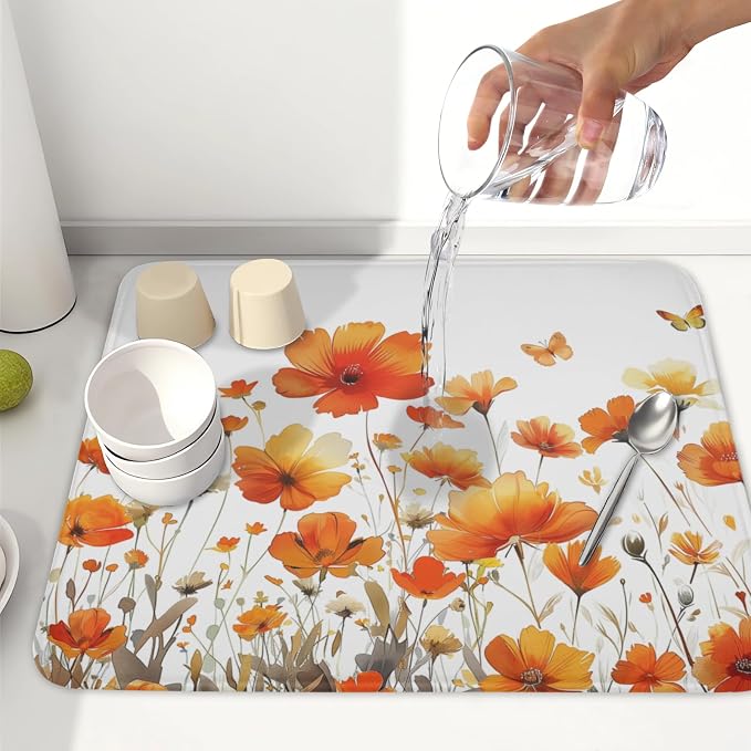 Fall Dish Drying Mat for Kitchen Counter 16 x 18 Inch Autumn Orange Floral Dish Drainer Mat Absorbent Microfiber Thanksgiving Harvest Dish Rack Pad for Coffee Dining Decor
