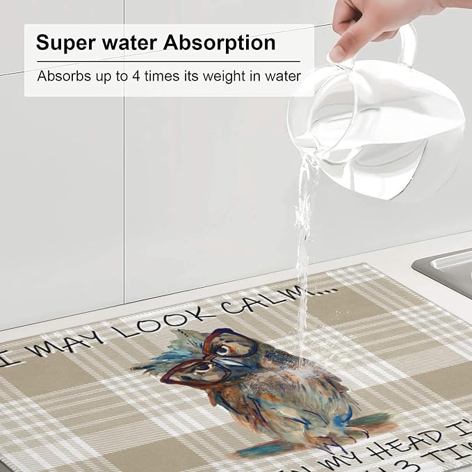 Kitchen Drying Mat Funny Owl Dish Drainer Mat for Kitchen Counter Microfiber Absorbent Reusable Washable 18x24 Inch Home Holiday Decor Cute Buffalo Plaid Drying Pad