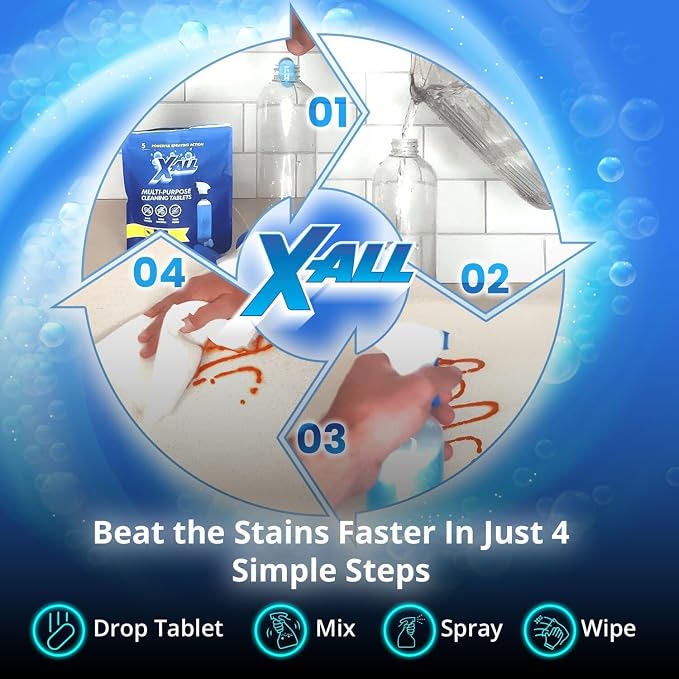 X-ALL Multi-Purpose Cleaner - Spray Bottle and 5x Cleaning Tablets - Cleaner for Oven, Kitchen & Floor surfaces, and Removes Grease and Grime
