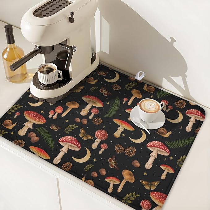 Botanical Mushroom Fern Leaf Dish Drying Mat 18x24 Inch | Butterfly，Polyester，Absorbent Microfiber，for Kitchen Coffee Dining Bar Decor