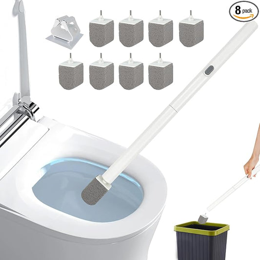 Pumice Stone Toilet Bowl Cleaner with 20" Ultra Long Handle, Push-Button Replaceable Head Hard Water Ring Stain Remover for Bathroom, Bathtub, Pool, Kitchen Sink Cleaning, 8 Pack (gray)