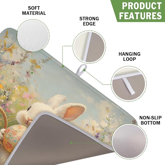 Easter Bunny Eggs Dish Drying Mat for Kitchen Counter 16 x 18 Inch Rabbit Floral Dish Drainer Mat Absorbent Microfiber Dish Rack Pad for Spring Holiday Coffee Dining Bar Decor