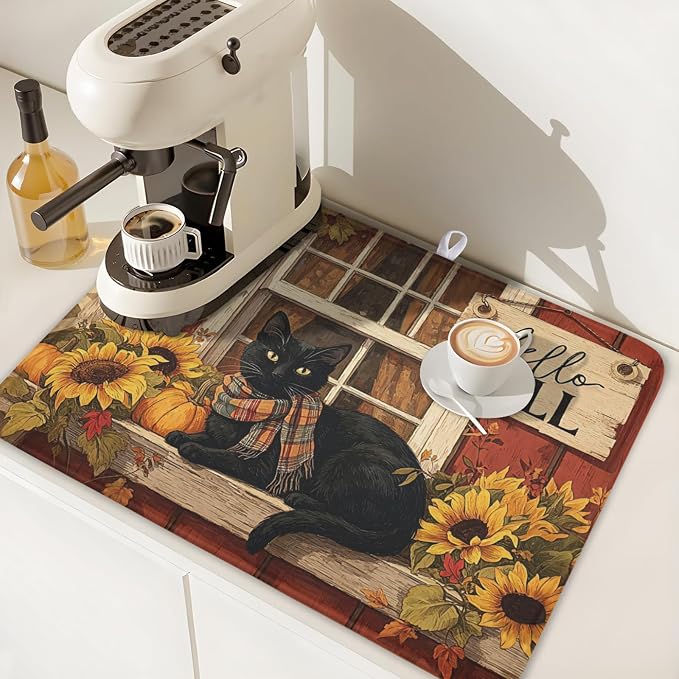 Fall Dish Drying Mat for Kitchen Counter Vintage Autumn Cat Sunflower Pumpkin Microfiber Dish Drainer Mat Rustic Farmhouse Absorbent Washable Drying Pad Extra Large 18"x24"