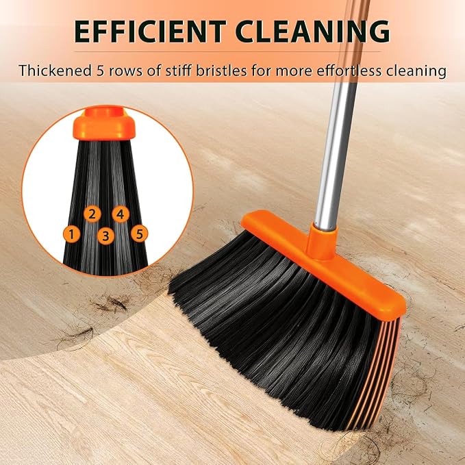 YZO Broom with Dustpan Combo Set, 56.1-Inch Long Handle Standing Design, Dustpan Front Rubber Tight Seal, Broom with 5-Layer Bristles, Suitable for Indoor Outdoor(Gray&Orange)