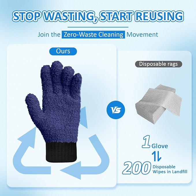MIG4U Microfiber Gloves - Dusting Gloves for House Cleaning - Washable Blind Cleaner Duster Tool (Navy,S/M)