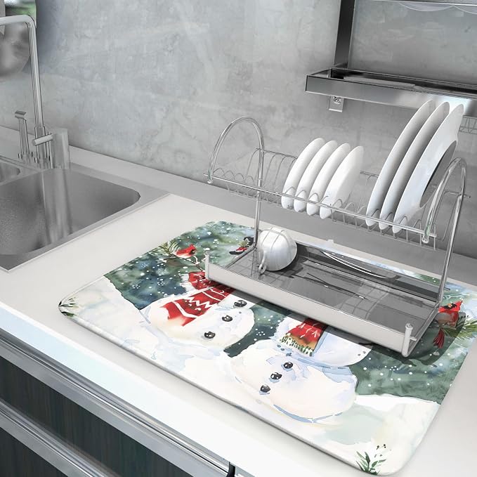 Winter Dish Drying Mat 18 x 24 Inch Xmas Snowman Pattern Dish Drying Pad Absorbent Microfiber Mats for Christmas Dish Rack Pad for Kitchen Counter Coffee Bar Decor