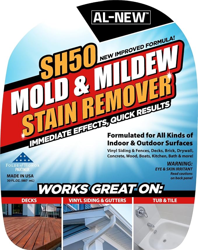 AL-NEW SH50 Mold and Mildew Stain Remover | Scrub Free Formula | Works Great on Decks, Vinyl Siding & Gutters, Tub and Tile (30oz Bottle)