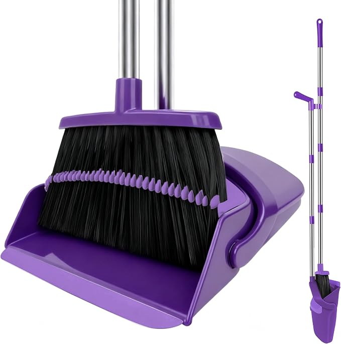 Purple Broom with Dustpan Combo Set, 51" Long Handle Household Cleaning Tool, Ideal Broom and Dustpan Set for Pet Hair and Home Use