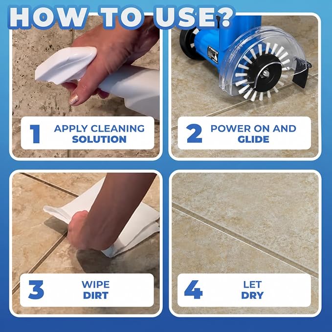 Grout Cleaner Bundle, Electric Stand Up Tile Grout Cleaner Machine with 20’ Cord, 3 Brush Wheels, 1 Cleaner, 1 Grout Hand Brush, 1 Microfiber Cloth