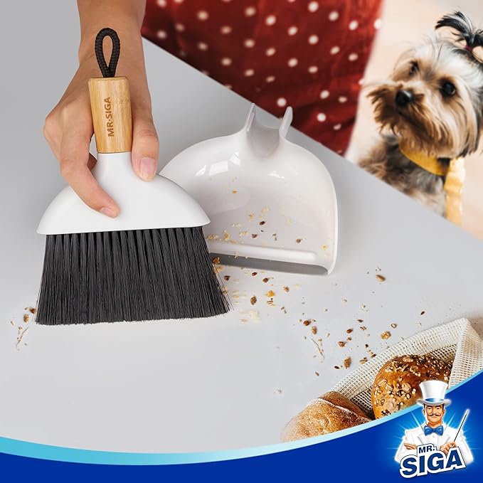 MR.SIGA Mini Dustpan and Brush Set, Bamboo Handle, White, 1 Set | Portable cleaning brush and dustpan combo, handheld brush and dustpan combo with hanging loop