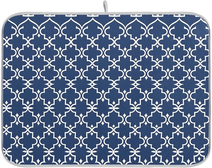 Super Absorbent Dish Drying Mat Microfiber Fast-Drying Dish Mat 16" x 18" Kitchen Dish Drying Pad Watercolor Cute Navy Blue Moroccan