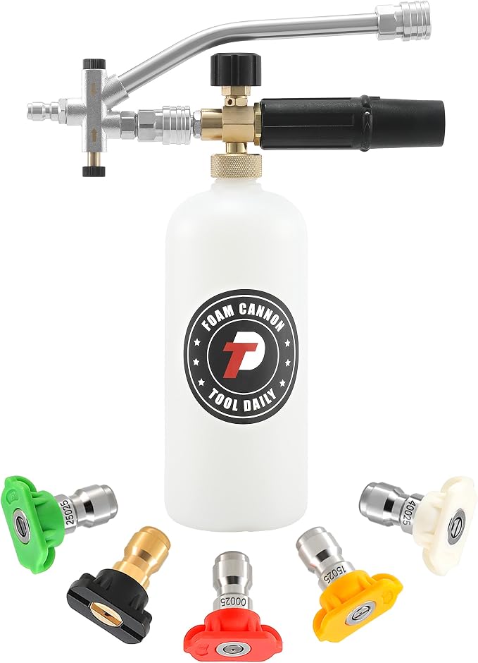 Tool Daily Foam Cannon with Dual Connector Accessory, 1/4" Quick Connect | 5 Pressure Washer Nozzle Tips, Foam Cannon for Pressure Washer, 1 Liter