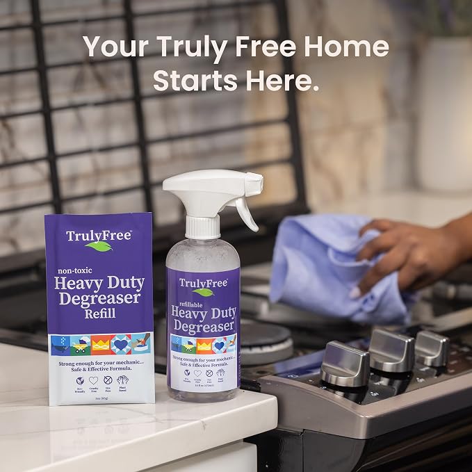 Truly Free Heavy Duty Degreaser - Grease Remover & Grime Cleaner for Kitchen, Automotive & More, Household Cleaning Supplies, Fragrance-Free, Includes 16 oz Reusable Empty Bottle + Two Fills, 3 oz ea.