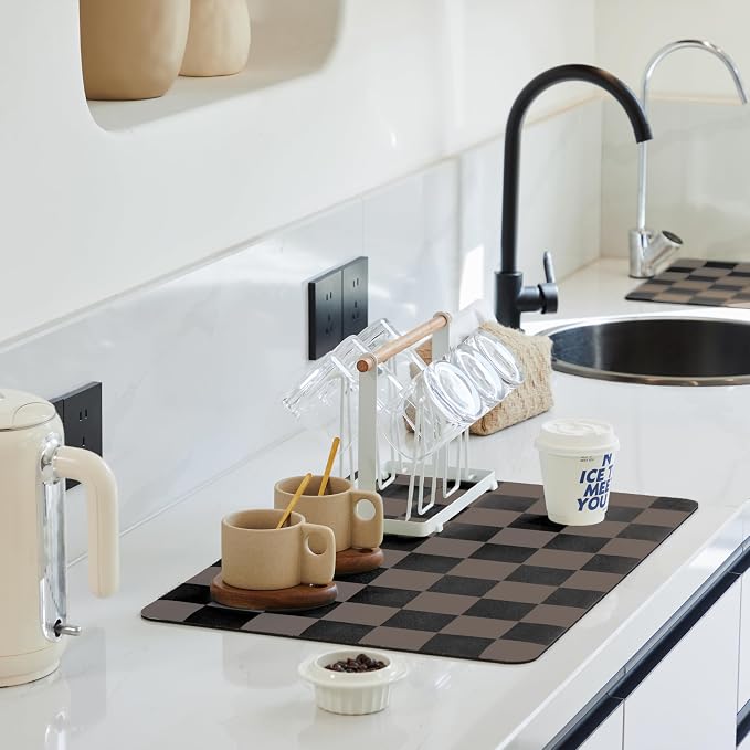 Ohocut Checkered Dish Drying Mat for Kitchen Counter, Coffee Bar Station Accessories, Retro Cute Aesthetic Modern Absorbent Drainer Mat Kitchen Drying Mat Easy Clean Brown and Black, 19" x 12"