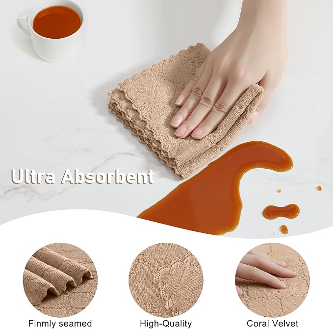 Homaxy Kitchen Towels and Dishcloths Set, 10 x 10 and 13 x 19 Inches, Set of 12 Super Soft and Absorbent Coral Velvet Kitchen Towels, No Lint and Nonstick Oil Fast Drying Dish Towel, Tan