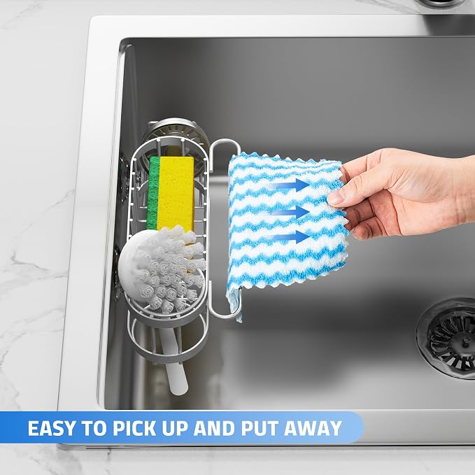 Cisily Kitchen Sink Caddy Sponge Holder in The Sink, Stainless Steel Kitchen Sink Organizer, Brush Holder, Dish Cloth Hanger, Sink Stopper Holder (Suction cup-Grey)
