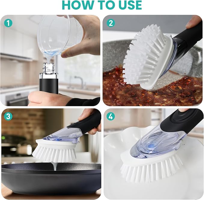 2 Pack Soap Dispensing Dish Brush, Dish Scrub Brush with Soap Dispenser, Dish Soap Brush for Dishes, Pans, Sink, Pots | Dish Soap Brush, Built-in Soap Dispense, Built-in Scraper, Replaceable Dish Head