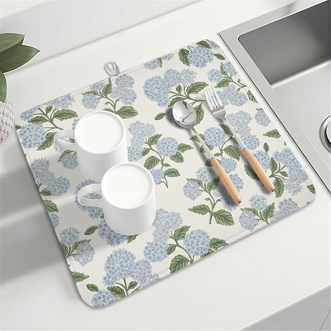 Blue Hydrangea Floral Dish Drying Mat for Kitchen Counter Spring Summer Vintage Flower Microfiber Dish Drainer Mat Rustic Farmhouse Absorbent Washable Drying Pad 16"x18"