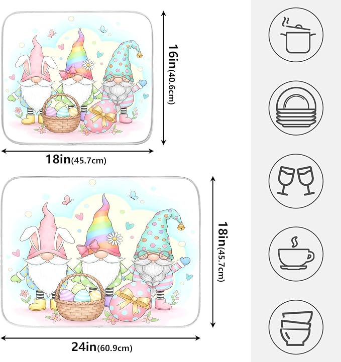 Colorful Easter Cute Gnomes Dish Drying Mat for Kitchen Counter Absorbent Microfiber Large Drying Pad Dish Mats for Kitchen Countertops 18 x 24 Inch