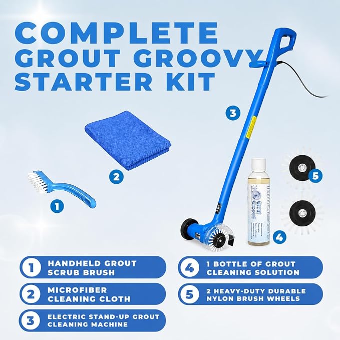 Grout Cleaner Bundle, Electric Stand Up Tile Grout Cleaner Machine with 20’ Cord, 3 Brush Wheels, 1 Cleaner, 1 Grout Hand Brush, 1 Microfiber Cloth
