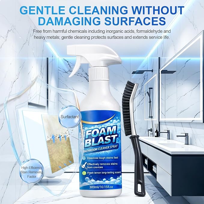 Bathroom Foam Cleaner Spray 10.15oz, Removes Soap Scum | Hard Water Stains & Dirt, Lemon Scent, Shower Cleaner for Shower Tile Toilets Tub & Sink Included Crevice Brush