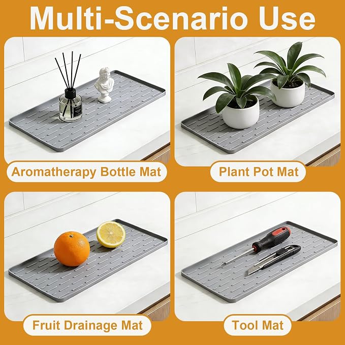 Silicone Coffee Mat, 16"X7" Heat-Resistant,Eco-friendly,Hygienic Drying Pad,Leak-Proof and Non-Slip,Removable Silicone Mat with Concave and Convex Design,（Gray 16X7）