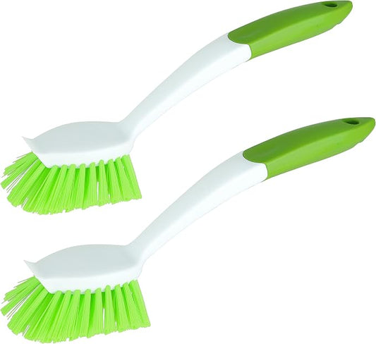 2-Pack Kitchen Green Scrub Brush for Cleaning Dishes Pots Pan Sink and Bathroom with Comfortable Long Handle