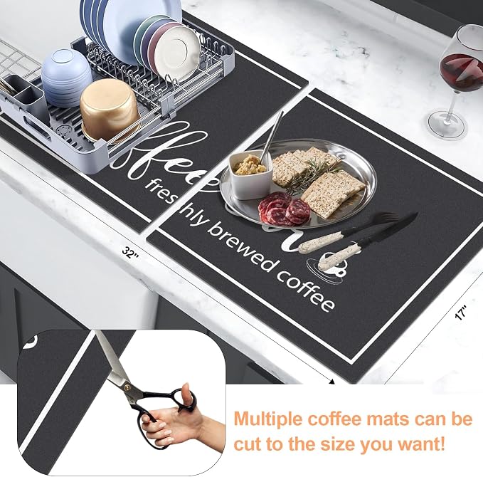 Findosom Dish Drying Mat, 17"x 32" Super Absorbent & Hide Stain Coffee Mat, Cuttable Drying Mat for Kitchen Counter, Coffee Bar Accessories, Under Dish Rack, Coffee Maker, Espresso Machine, Black