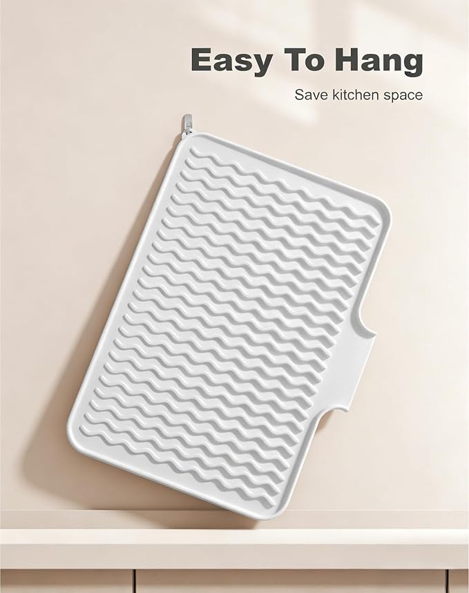 Rnivvi Silicone Dish Drying Mat for Kitchen Counter, 16 x 12" Drainer Pad with Drainage Spout, Heat Resistant Trivet Non-Slip Dish Rack Mats for Countertop Protection, Kitchen Bar Decor Pad, White