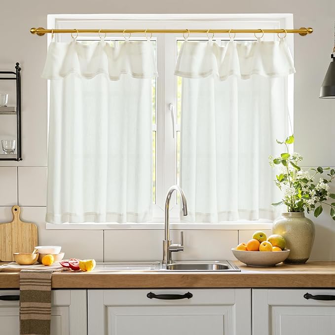 jinchan Linen Tier Kitchen Curtains, 30x36, 2 Panels, Beige White | Light filtering, rod pocket, farmhouse, small window decor, cafe style, machine washable, bathroom, laundry room, RV