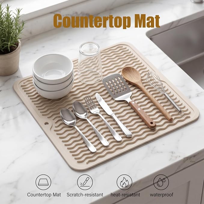 MicoYang Silicone Dish Drying Mat for Multiple Usage,Easy clean,Eco-friendly,Heat-resistant Silicone Mat for Kitchen Counter or Sink,Refrigerator or Drawer liner Tapioca M 12 inches x 12 inches