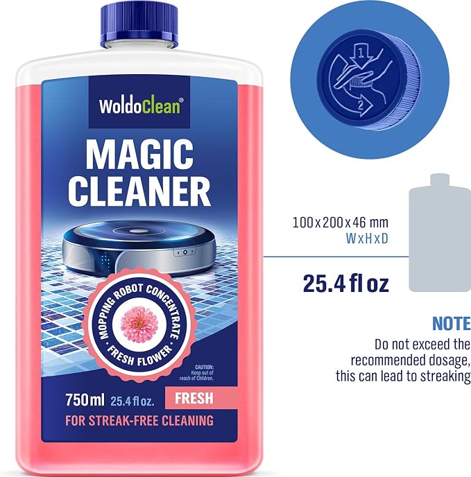 WoldoClean Robot Mop Cleaning Solution 25.4 fl.oz - Hard Floor Cleaner Liquid Concentrate, Anti-Clog, Fresh Scent, Compatible with Roborock, Dreame, Roomba, Tineco, iRobot Braava Jet, Shark
