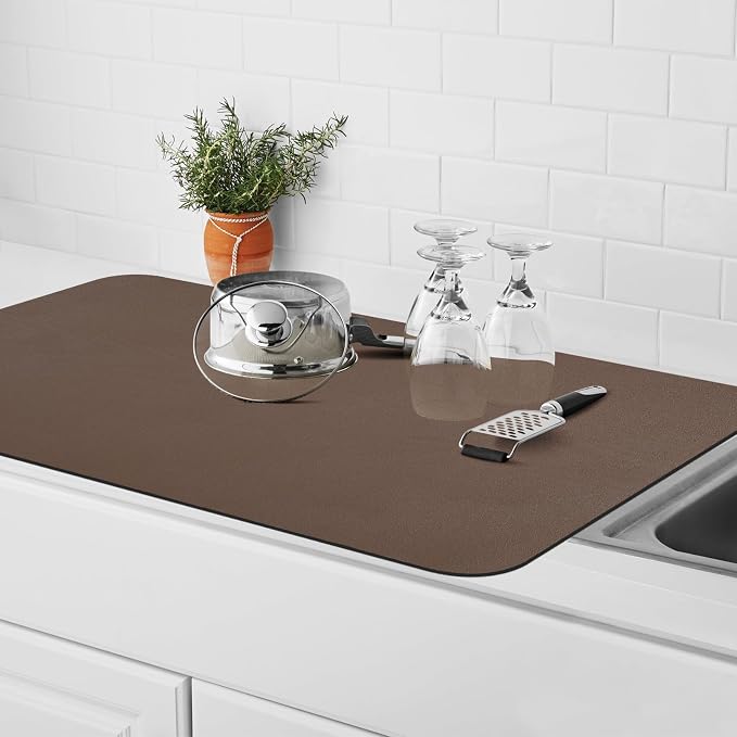 Coffee Mat for Countertop, 17“ x 31.5” Super Absorbent Coffee Bar Mat, Kitchen Counter Mats Fits Under Coffee-Maker, Kitchen Accessories for Espresso Machine Dish Drying Rack, Brown