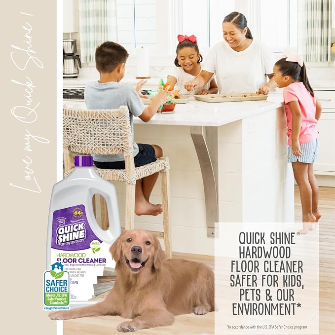 Quick Shine Hardwood Floor Cleaner 64 oz-4 Pk, Streak-Free, No Residue | Powered by Baking Soda, Fresh Island Essence, pH Neutral, No Rinse, PFAS & Ammonia Free, EPA Safer Choice Made in USA