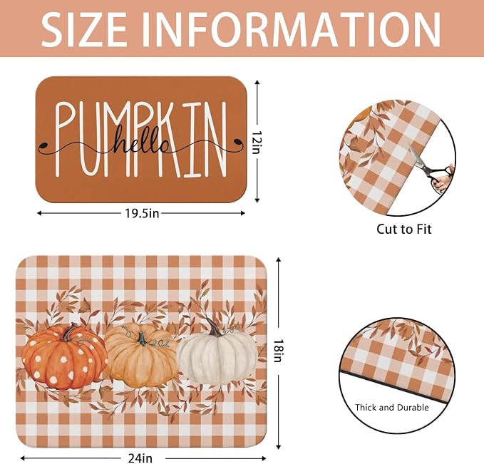 Fall Dish Drying Mat 2-Pack Gingham Pumpkin for Kitchen Counter Dishes | Diatom Mud Mats (18x24, 19.5x12"). Non-slip rubber back for kitchen counter, coffee bar & sink scenes