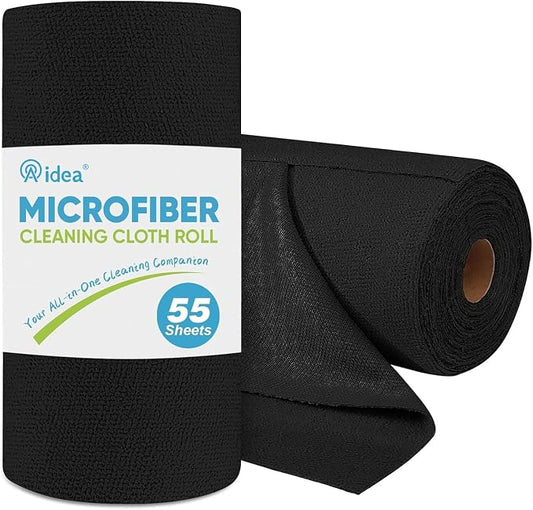 AIDEA Microfiber Cleaning Cloth Roll 55 Sheets, Cleaning Rags Black 11×9" | Microfiber Towels for Cars, Reusable Paper Towels, Cleaning Towels for Automotive, Workshops, House, Cleaning Supplies