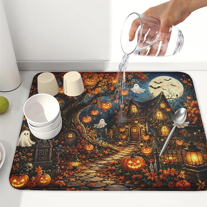 Halloween Dish Drying Mat for Kitchen Counter Seasonal Holiday Fall Spooky Pumpkin Ghost Microfiber Dish Drainer Mat Vintage Rustic Absorbent Washable Drying Pad 16"x18"